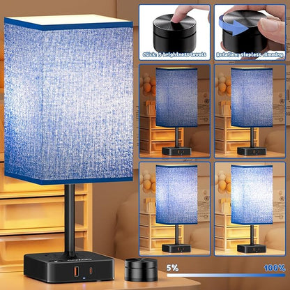 Bedside Lamp & Desk Lamp with Remote, Touch Control, USB-C/A Ports + Outlets | Blue Fabric Shade Nightstand Table Lamp for Bedroom, Living Room Lighting | Cute Modern Boho Lamp with Charging Station