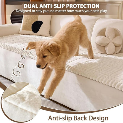 FUANGUI 2 Pack Waterproof Couch Cover for Dogs Pets Sofa Protector | Non-Slip Washable Fuzzy Soft Sofa Slipcover for 2 PCS L Shaped Sofa Pet Friendly, 27.6" x 59.1"+27.6" x 70.9", Beige