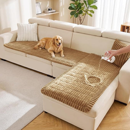 FUANGUI 2 Pack Waterproof Couch Cover for Dogs Pets Sofa Protector | Non-Slip Washable Fuzzy Soft Sofa Slipcover for 2 PCS L Shaped Sofa Pet Friendly, 27.6" x 70.9"+27.6" x 82.7", Camel