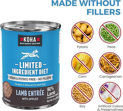 KOHA Limited Ingredient Diet Lamb Entrée for Dogs - Grain Free Wet Dog Food with No Fillers - Canned Dog Food Sensitive Stomach - 13 oz Pack of 12
