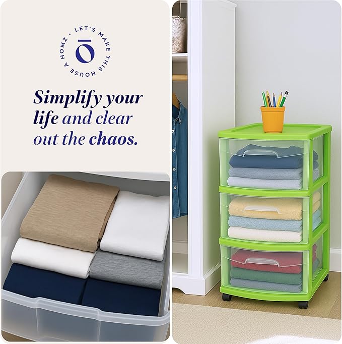 HOMZ Drawer Tower, 3-Tier Clear Plastic Storage Organizer Cart, Bold Lime Frame