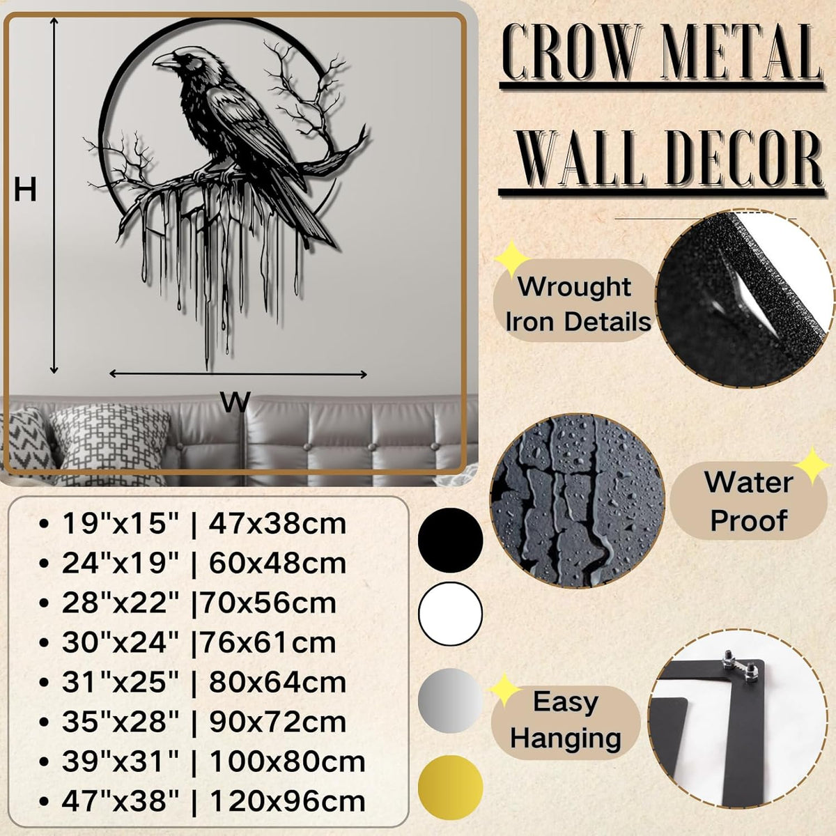 Crow Metal Wall Decor, Raven Wall Art, Large Gothic Raven Decor Hangings, Bird Wall Decor, Metal Tree Branch Decor, Ravens Sign, Raven Art for Living Room (White, 19"x15" | 47x38cm, metal wall art)