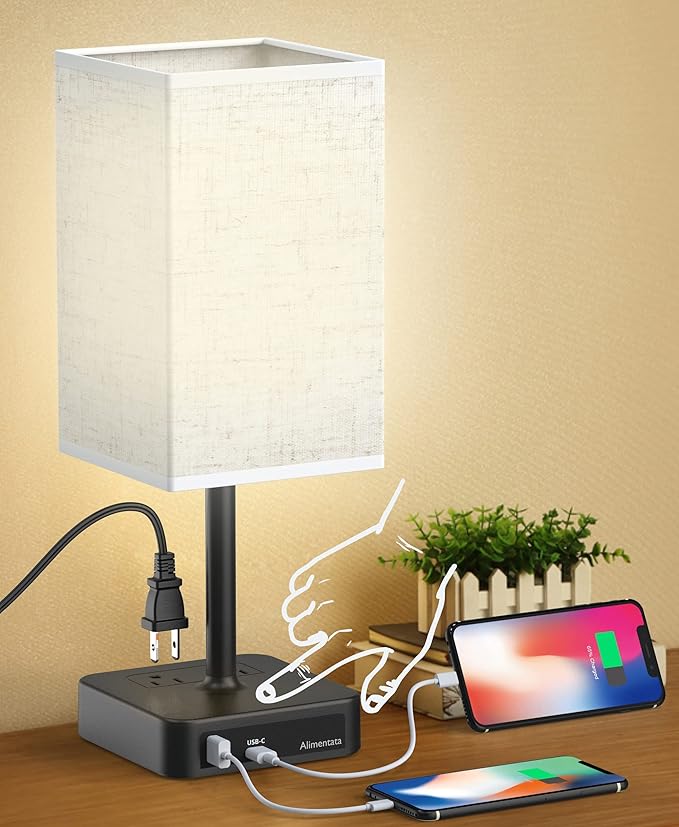 Touch Control Bedside Table Lamp with USB C & USB A Charging Port and 2 AC Outlet, Minimalist LED Desk Light with Charger Base Brown Fabric Shade for Bedroom/Nightstand/Office