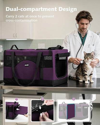 Pecute Cat Carrier, Soft Double Pet Crate for 2 Cats Travel, Purple | 5mm Anti-collapse Frame, Convertible Dual Space, Foldable, Polyester Breathable mesh, Up to 26 lbs, Car Travel & Vet Visits