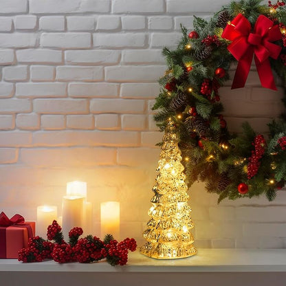 Christmas Tree Glass Decorative LED Light: 13.5" Tall, Battery Operated Holiday Tabletop Ornament, Frosted Glass Christmas Home Decor, Xmas Tree Night Light for Indoor Decor White
