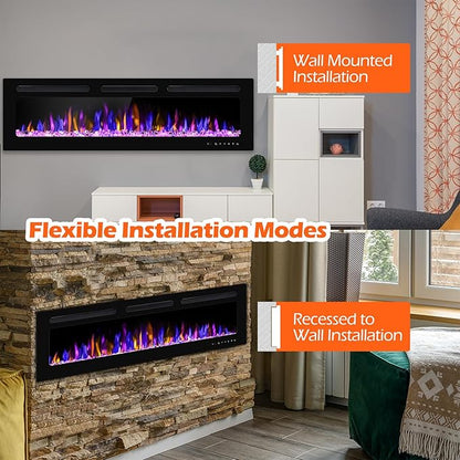 60" Electric Fireplace Wall Mounted and Recessed