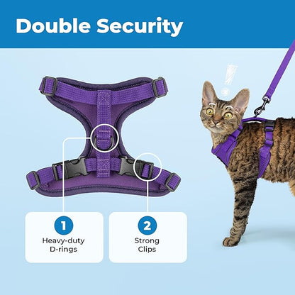 Voyager Escape Proof Cat Harness and Leash Set with Reflective Stitching, Neoprene Handle 5ft - Supports Small, Medium and Large Cats, Kittens for Walking by Best Pet Supplies - Purple, S