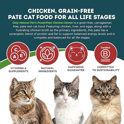 Only Natural Pet PowerPate Grain-Free Chicken Dinner Wet Cat Food - Holistic, High Protein w/Chicken & Broth - Balanced Nutrition for Kitten & Cats of All Life Stages, 2.75 oz Cans, Case of 12 (C)