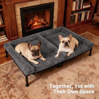 Veehoo Plush Double Dog Couch Bed for 2 Dogs, Washable Elevated Dog Bed | Cooling Raised Pet Cot with Removable Bolster Cushion, Breathable Mesh, No-Slip Feet, 48 x 37 inches, Grey