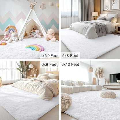 OLANLY 8x10 Machine Washable Large Area Rugs for Living Room, Bedroom, Soft Fluffy Shaggy Bedside Rug, Indoor Floor Carpet for Kids Girls and Boys, Dorms, Nursery, Home Decor Aesthetic, White
