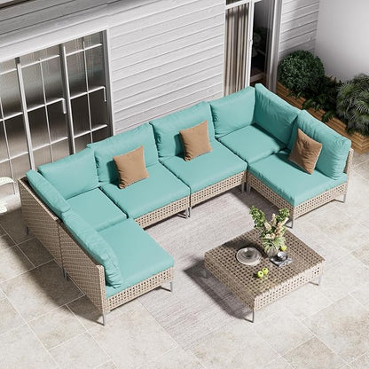 Grand patio 7-Piece Wicker Patio Furniture Set, Boho Outdoor Conversation Set Sectional Sofa with Water Resistant Thick Cushions and Coffee Table, Blue