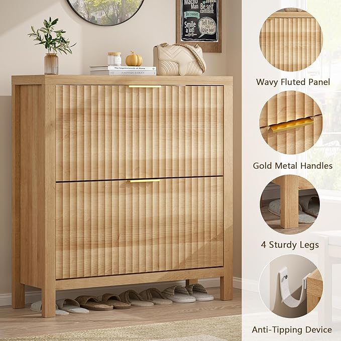 Shoe Cabinet Storage for Entryway, Fluted Shoe Cabinet
