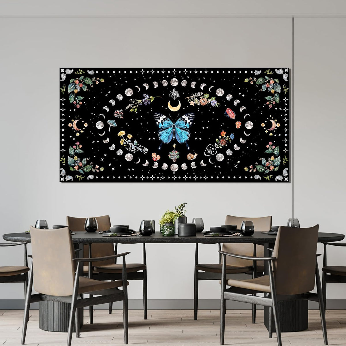 Canvas Wall Art Prints Blue Boho Wall art Decor Canvas Art Wall Decor Wall Pictures for Living Room Vintage Butterfly Wall Art Moon Flower Abstract Artwork for Walls Home Bedroom Decor 20" X 40"