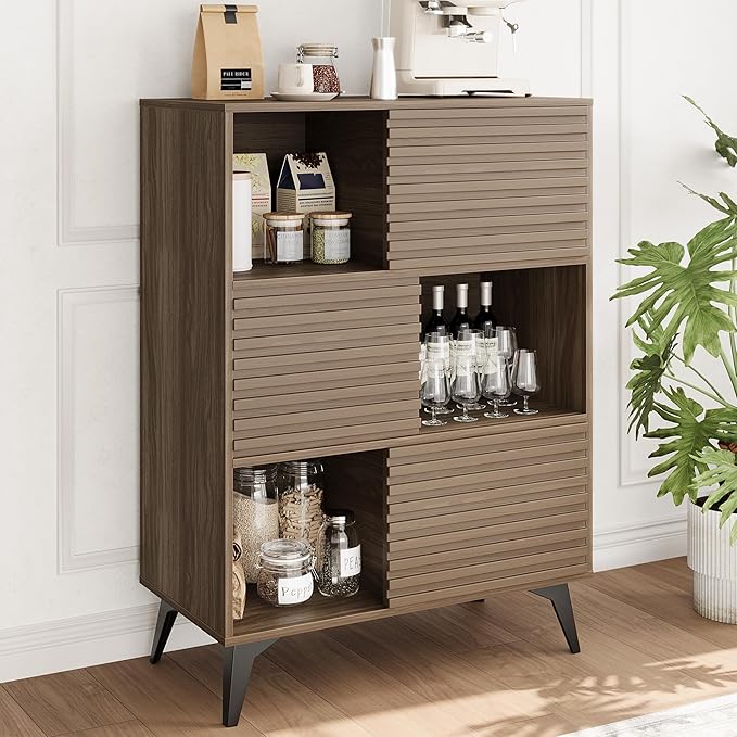 IDEALHOUSE Fluted Cabinet with Sliding Doors, Modern Wooden Storage Cabinet