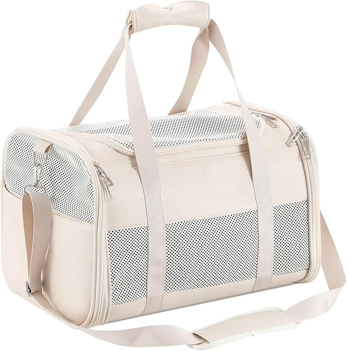 Fashion Leather Dog Carrier, Airline Approved Cat Carrier Soft Sided Pet Bag Carrier Purse for Puppy Kitten Small Animals White