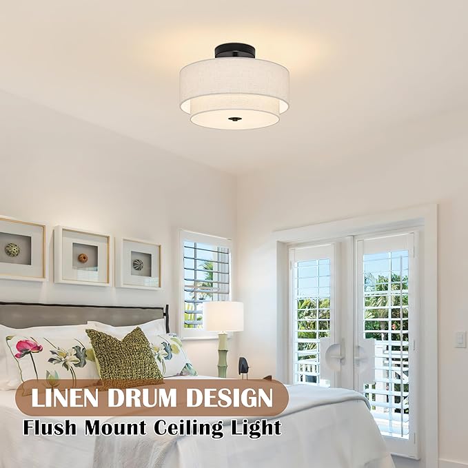 2 Light Semi Flush Mount Ceiling Light Fixture 12.6 Inch Modern Black Drum Ceiling Light Fixture with 2-Layer Fabric Shade Dimmable Close to Ceiling Light for Living Room Hallway Bedroom Entryway