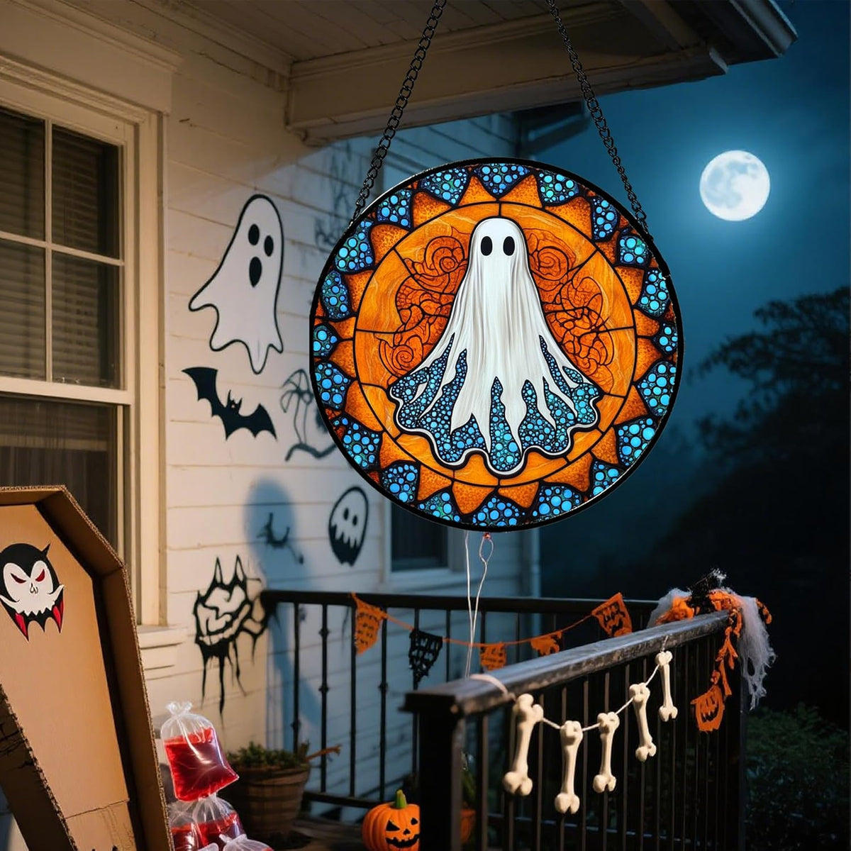 Stained Glass Window Hanging - Halloween Decorations White Ghost Suncatcher for Doors Garden Indoor Spooky Funny Blue Sun Catchers Gothic Decor Horror Gifts for Women Men Friend 11.8 in