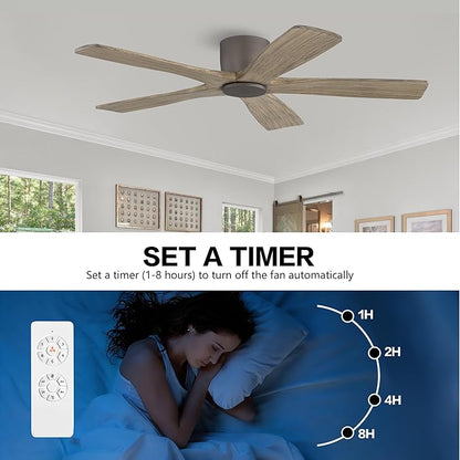 WINGBO 54" Flush Mount DC Ceiling Fans without Lights, 5 Carved Solid Wood