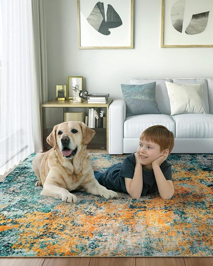 Washable Area Rug for Living Room: 8x10 Modern Abstract Neutral Soft Rug for Bedroom Dining Room No Slip Low Pile Carpet for Nursery Home Office - Teal/Orange