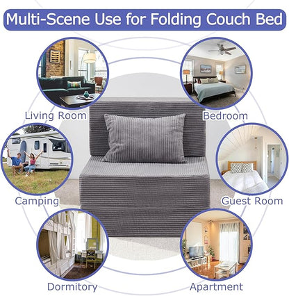 HILERO Folding Sofa Bed, 4 in 1 Convertible Sleeper Chair with Pillow, Single Memory Foam Fold Out Chair Bed, Modern Floor Futon Sofa Couch Mattress for Living Room/Guest/Apartment, Light Gray