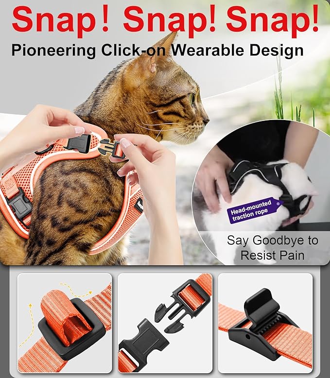 Cat Harness and Leash for Walking Escape Proof Soft Adjustable Cat Leash Breathable Comfortable Vest Easy to Wear Kitten Harness for Outdoor Travel Orange S