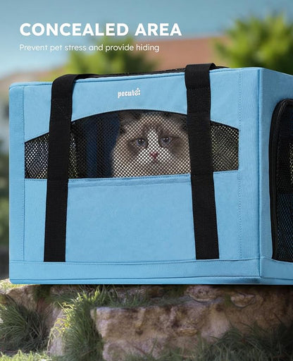 Pecute Cat Carrier Stable, Pet Carrier with Privacy Partition,Light Blue | Safe For Car Travel, Stable Steel Frame, Soft-Sided Pet Carrier Bag For Dogs And Cats Up To 15lbs, Foldable Design,XL.