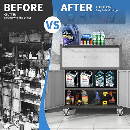 Metal Storage Cabinet with Wheels, Rolling Tool Cabinet with Adjustable Shelve