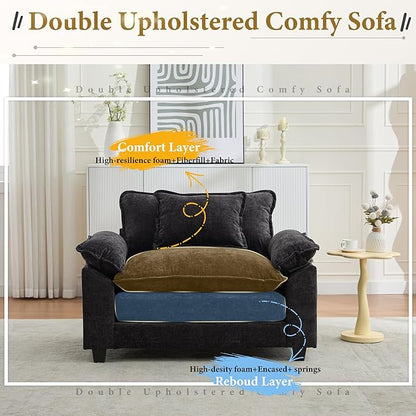 URRED Modular Sectional Sofa Comfy Cloud Couch, Modern Chenille Sofa Sleeper Deep Seat Couches with Ottoman/Pillows for Living Room (Black, 53'')