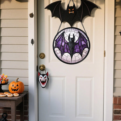 Stained Glass Window Hanging - Halloween Black Bat Purple Wings Monster Suncatcher for Doors Garden Home Spooky Sun Catchers Gothic Decor Horror Gift for Women Men Friend Boy Girl 6.3 in