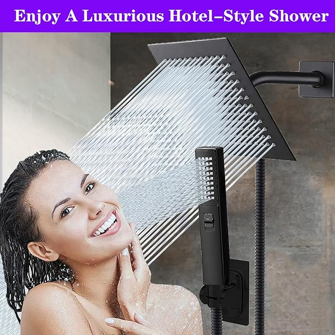 8"High Pressure Square Rain Shower Head and 2-in-1 Hand Shower.Equipped