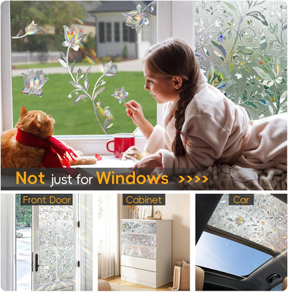 Rainbow Window Privacy Film Decorative, Stained Glass Window Tint for Home, 3D Decals Window Clings for Glass Windows, Static Cling Window Sticker, Suncatcher Window Cover,17.5" by 78.74"