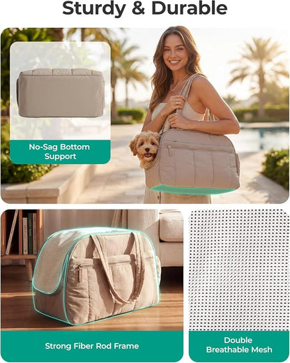 BAGSMART Dog Purse Carrier for Small Dogs Up to 13lbs Puppy Travel Tote Bag | Quilted Puffy Soft Sided Pet Handbag with Pockets, Collapsible Lightweight Portable with Safety Tether & Mat, Coffee brown