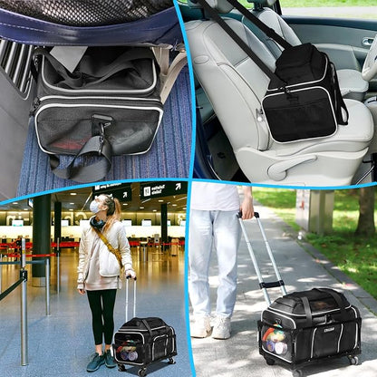 Top-Expandable Small Pet Carrier with Wheels Airline Approved | 17"x12"x8.5", for JetBlue/Frontier/Spirit Airlines, Lockable Safety Zippers and Anti-Scratch Mesh, Pets Under 8 Lbs, Black