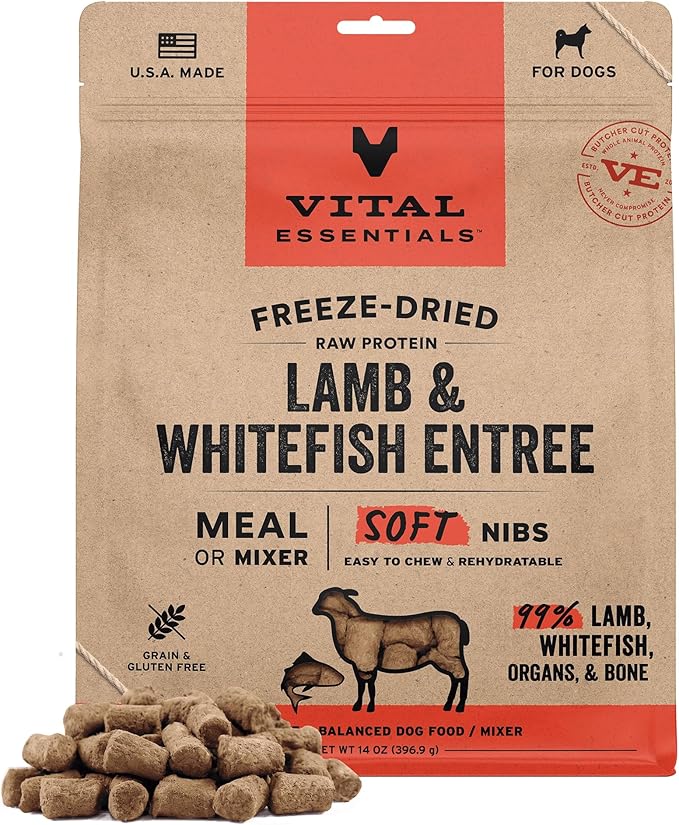 Vital Essentials Freeze-Dried Raw Lamb & Whitefish Meal or Mixer Dog Food Soft Nibs | 99% Lamb, Whitefish, Organs & Bone| 14 oz