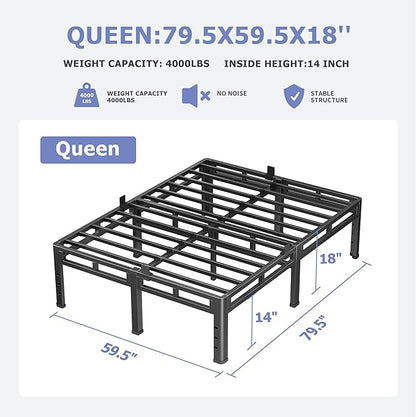 NKZ 18 Inch Queen Size Bed Frame, Metal Bed Frame & Box Spring 2 in 1 Platform with Round Corner Legs, 4000Lbs Heavy Duty Metal Frame, Mattress Slide Stopper, Headboard Hole, Noise-Free, Easy Assembly