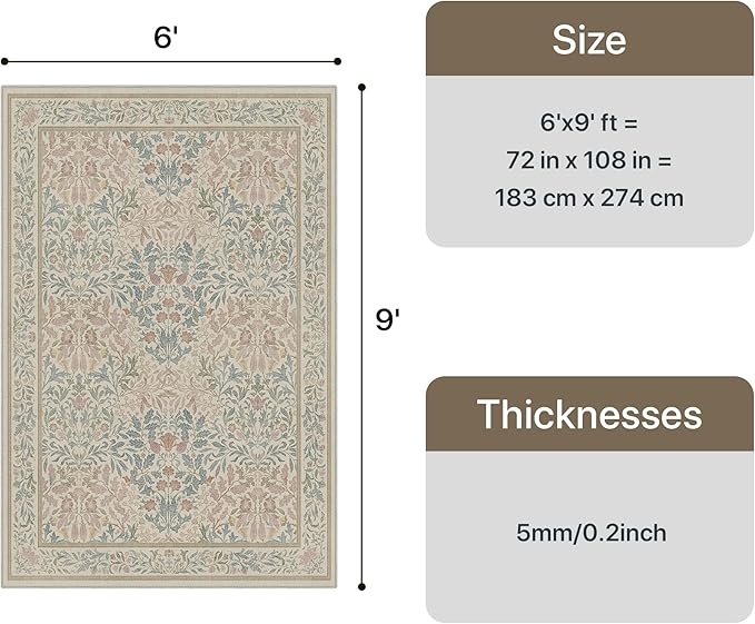 GENIMO 6x9 Washable Area Rug, Non-Slip Vintage Boho Floral Carpet, Soft Low-Pile Thin Living Room Rug for Bedroom, Dining Room, Nursery, Beige Pink