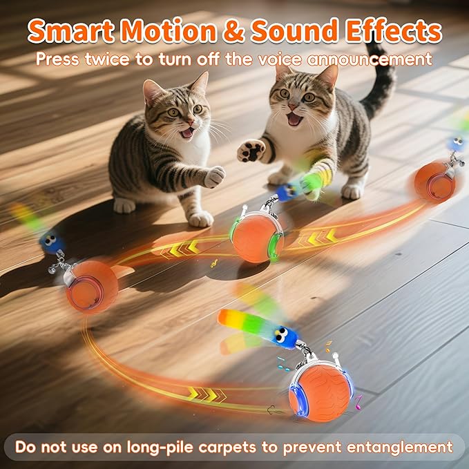 UPSKY Interactive Cat Toy Ball for Indoor Cats, Automatic Moving Electric Rolling Cat Ball Toy, 3-Speed Modes Smart Kitten Toys with Sounds, USB Rechargeable & Sturdy for Bored Kittens/Adult Cats