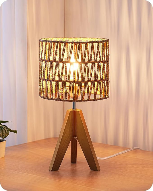 EDISHINE Small Table Lamp, Rattan Wood Tripod Bedside Lamp, Boho Nightstand Lamp for Living Room, End Table, Office, E26 Base, Natural Style