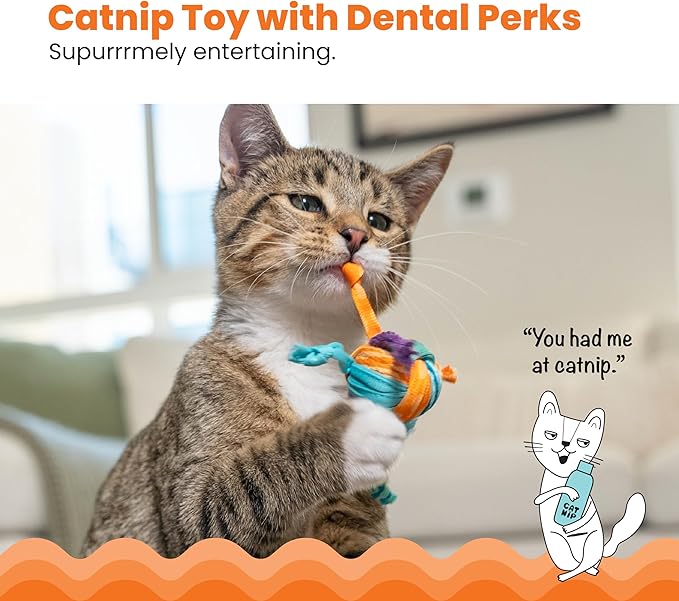 Catstages Catnip Tons of Tails – Interactive Catnip Dental Chew Toy for Cats with Rope, Ribbon & Cotton for Batting, Chasing & Chewing