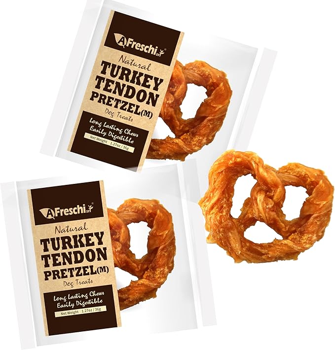 AFreschi Turkey Tendons for Dogs, USA-Sourced, Healthy Dog Treats, Rawhide-Free Puppy Chews, Long Lasting, All Natural, Hypoallergenic Dog Treats for Medium Breeds, 2 Count Pack Pretzel (M)