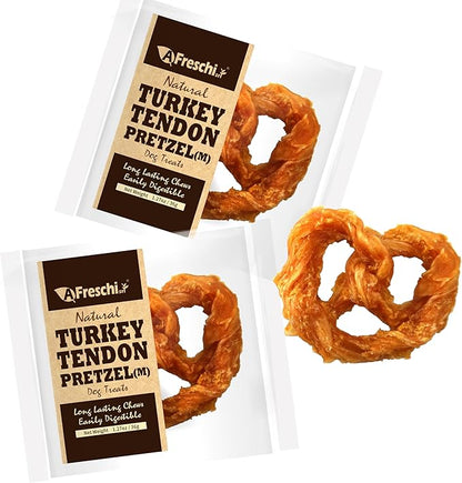 AFreschi Turkey Tendons for Dogs, USA-Sourced, Healthy Dog Treats, Rawhide-Free Puppy Chews, Long Lasting, All Natural, Hypoallergenic Dog Treats for Medium Breeds, 2 Count Pack Pretzel (M)