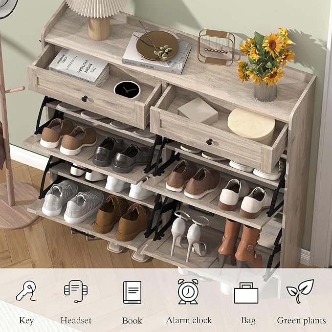 Shoe Cabinet with 4 Flip Drawers & 2 Storage Drawers, Rustic Farmhouse Narrow