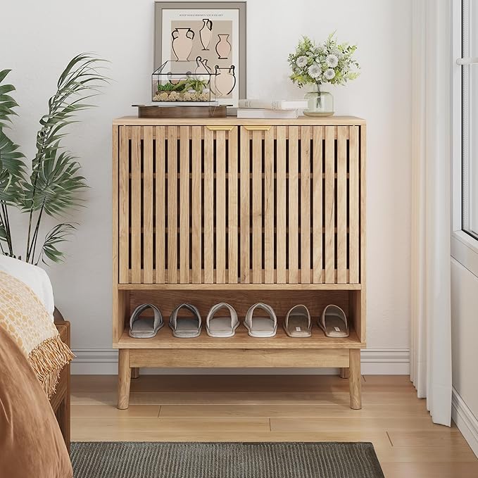 Shoe Cabinet with Slatted Doors, Freestanding Shoe Cabinet Storage