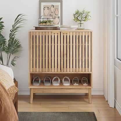 Shoe Cabinet with Slatted Doors, Freestanding Shoe Cabinet Storage
