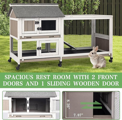Gowoodhut 2-Story 60.6"L Rabbit Hutch Indoor and Outdoor with 6 Wheels,Wooden Rabbit Cage with 3 Pull Out Leak-Proof Trays for 2-4 Rabbits,Bunny Hutch with Asphalt Roof Bunny Cage with 6 Accesses,Grey