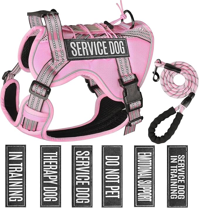 Service Dog Tactical Vest Harness and Leash Set Medium Sized Dog Emotional Support- Tactical Dog Harness Training Collar with Name (Pink, M)