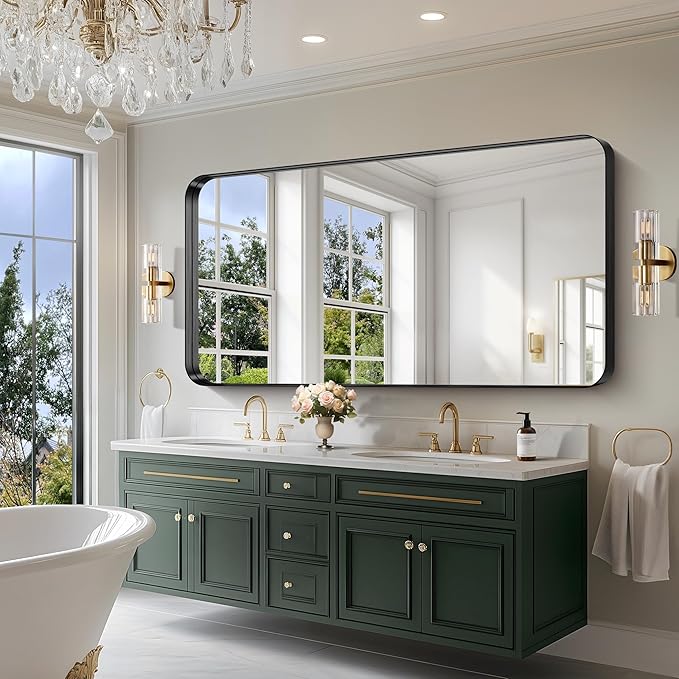 CIRCUMI Black Bathroom Mirror, Rounded Corner, Tempered Glass, Large Mirror