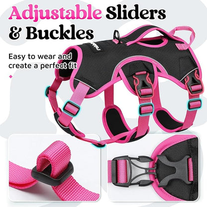 rabbitgoo Escape Proof Dog Harness for Large, No Pull with Lift Handle | No Escape, Full Soft Padded, Reflective Adjustable Vest, Leash Clip for Walking Hiking Training, Rose & Black, Large