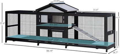 89" Wooden Rabbit Hutch Bunny Cage Pet Playpen House Enclosure with Double Side Run Boxes, Ramp, for Guinea Pig and Small Animals, Black