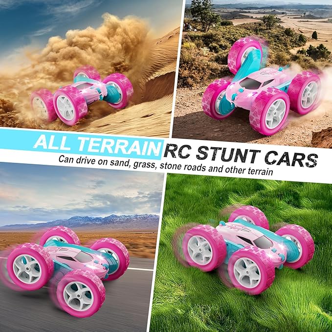 RC Cars, Pink Remote Control Car for Girls, 2.4 GHZ Double Sided RC Stunt Car 360° Rotating Remote Control Crawler with Headlights Car Toys for 6 7 8 9 10 11 12 Girls Birthday Gift